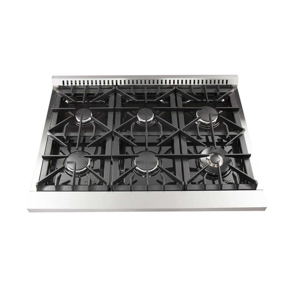 Forno 5-Piece Appliance Package - 36-Inch Dual Fuel Range, Refrigerator, Wall Mount Hood, 24-Inch Microwave Drawer, & 3-Rack Dishwasher in Stainless Steel - APR5-6156-36-H-MWD