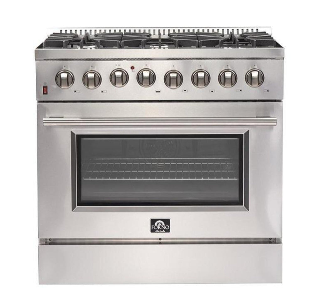 Forno 5-Piece Appliance Package - 36-Inch Dual Fuel Range, Refrigerator, Wall Mount Hood, 24-Inch Microwave Drawer, & 3-Rack Dishwasher in Stainless Steel - APR5-6156-36-H-MWD