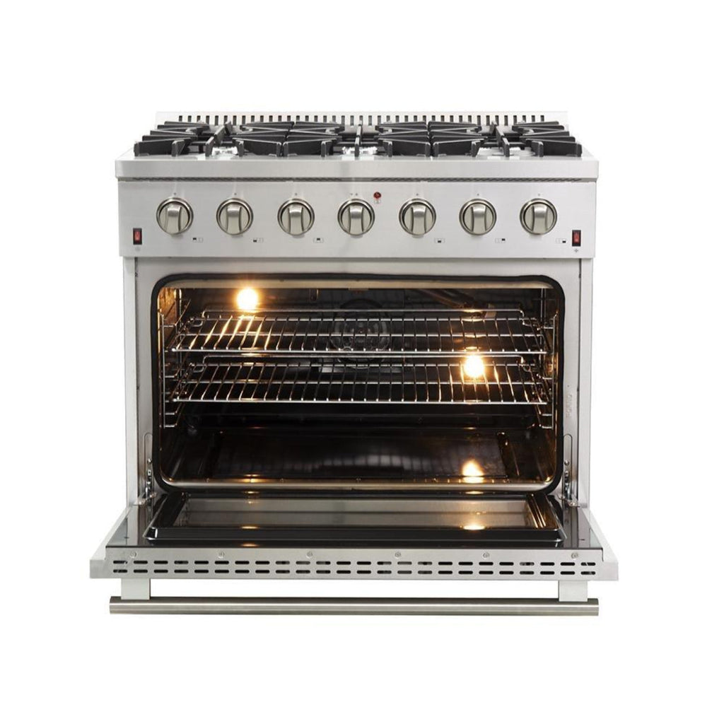 Forno 4-Piece Appliance Package - 36-Inch Gas Range, Refrigerator, Wall Mount Hood, & 3-Rack Dishwasher in Stainless Steel - APR4-6244-36-H