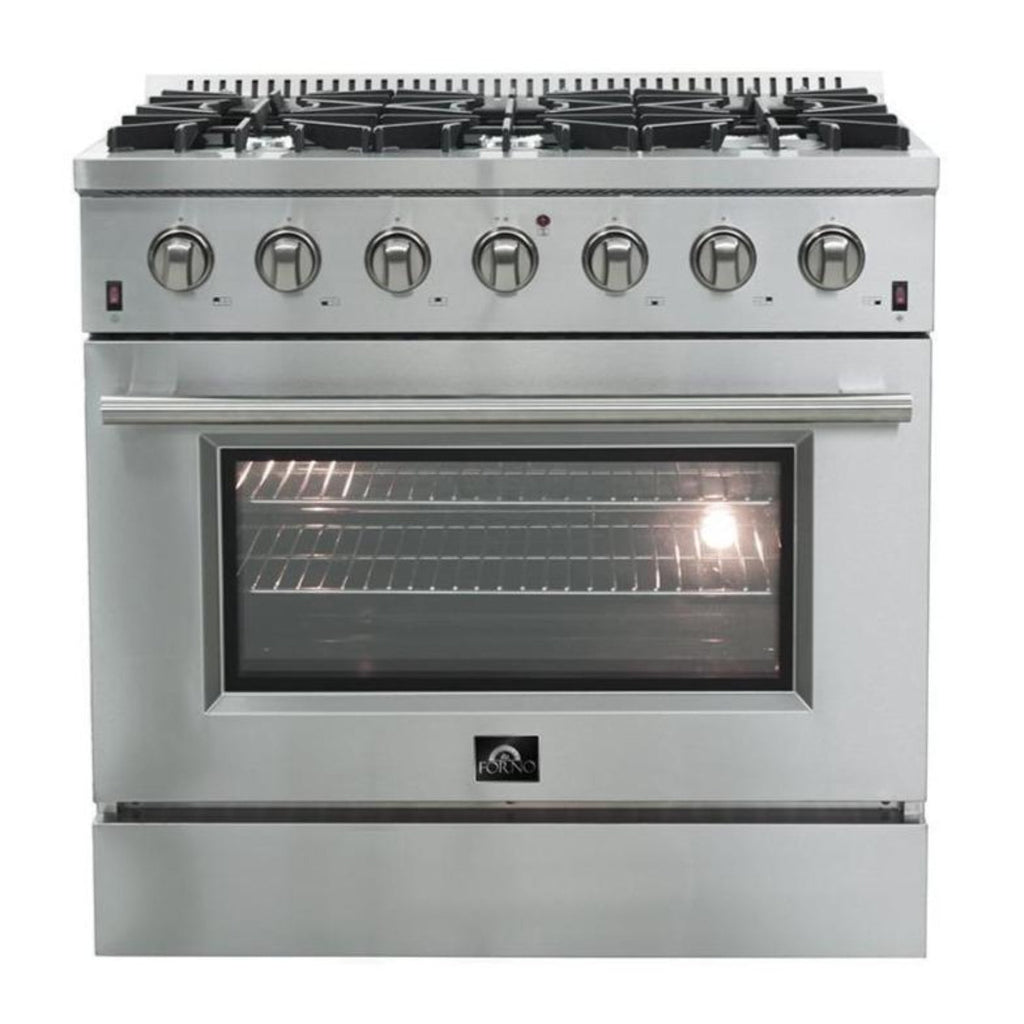 Forno 2-Piece Appliance Package - 36-Inch Gas Range & Wall Mount Hood with Backsplash in Stainless Steel - APH2-6244-36