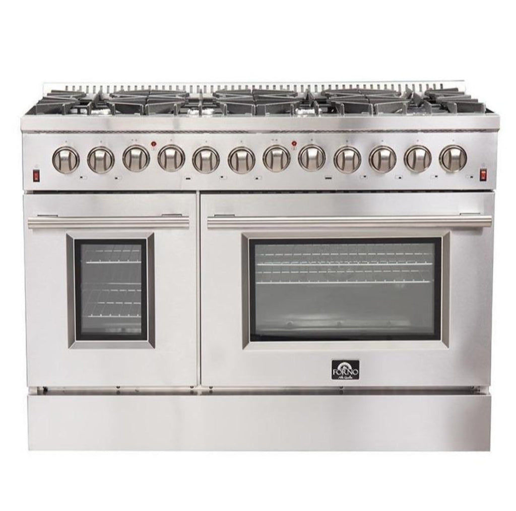 Forno 5-Piece Appliance Package - 48-Inch Dual Fuel Range, Refrigerator, Wall Mount Hood, 24-Inch Microwave Oven, & 3-Rack Dishwasher in Stainless Steel - APR5-6156-48-H-MWO