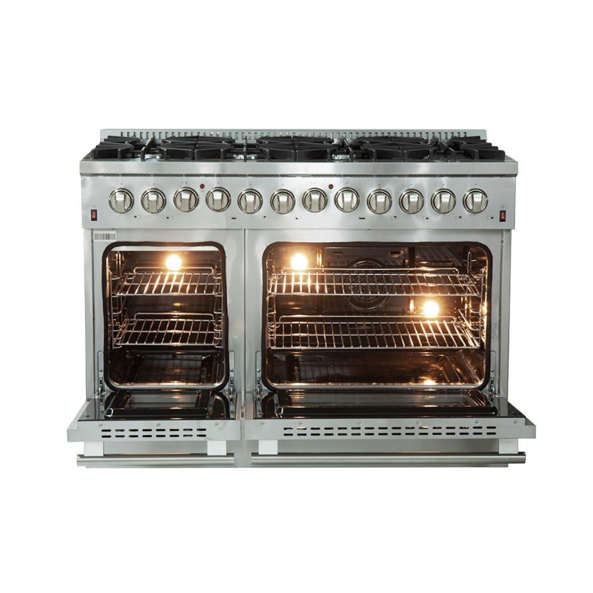 Forno 5-Piece Appliance Package - 48-Inch Dual Fuel Range, Refrigerator, Wall Mount Hood, 24-Inch Microwave Oven, & 3-Rack Dishwasher in Stainless Steel - APR5-6156-48-H-MWO