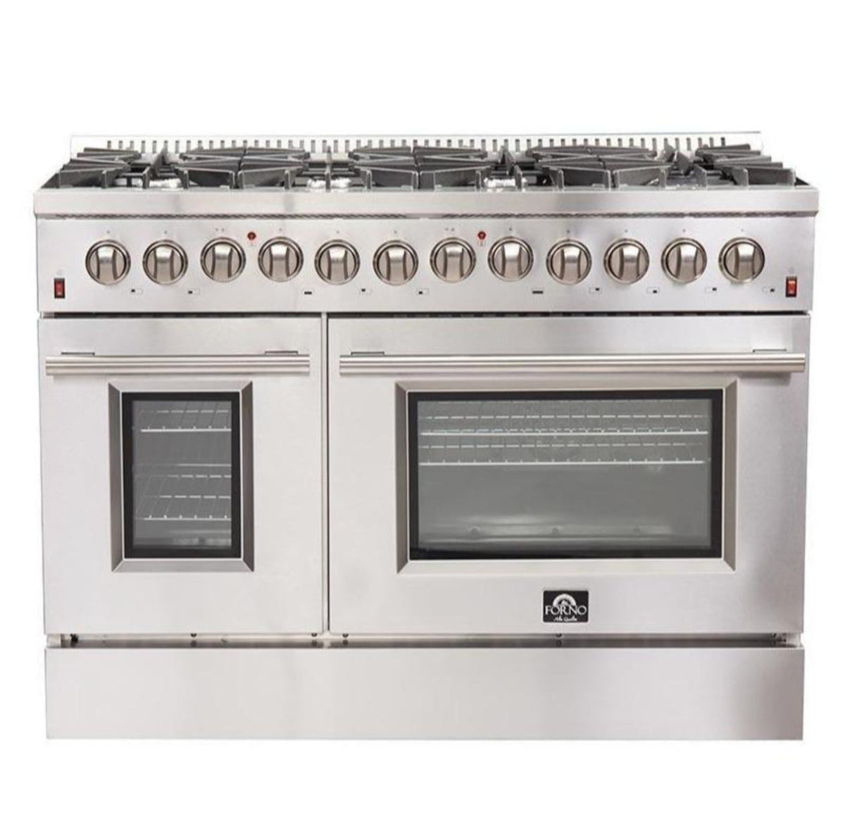 Forno 5-Piece Appliance Package - 48-Inch Dual Fuel Range, 60-Inch Pro-Style Refrigerator, Wall Mount Hood, 24-Inch Microwave Drawer, & 3-Rack Dishwasher in Stainless Steel - APD5-6156-48-H-MWD