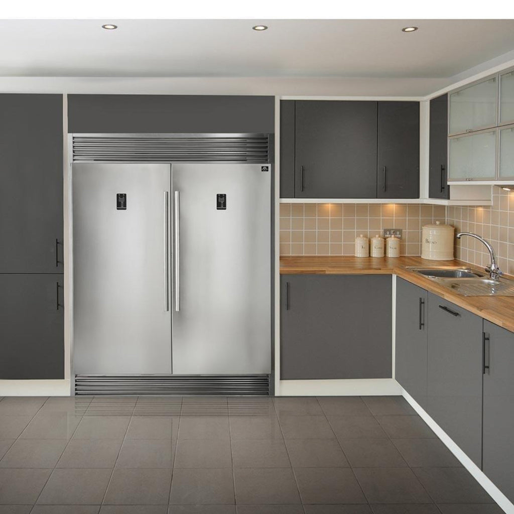 Forno 5-Piece Appliance Package - 48-Inch Dual Fuel Range, 60-Inch Pro-Style Refrigerator, Wall Mount Hood, 24-Inch Microwave Drawer, & 3-Rack Dishwasher in Stainless Steel - APD5-6156-48-H-MWD
