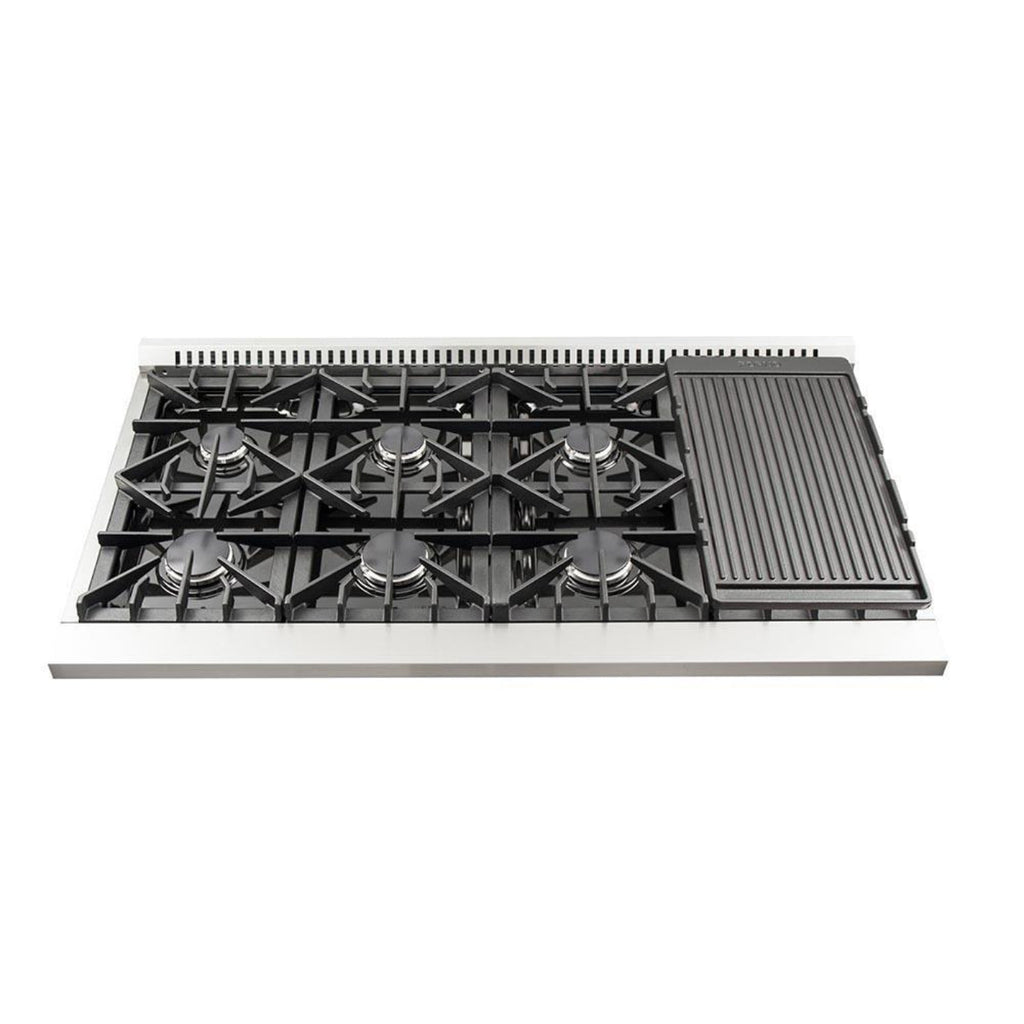 Forno 5-Piece Appliance Package - 48-Inch Gas Range, Refrigerator with Water Dispenser, Wall Mount Hood, 24-Inch Microwave Drawer, & 3-Rack Dishwasher in Stainless Steel - APW5-6244-48-H-MWD