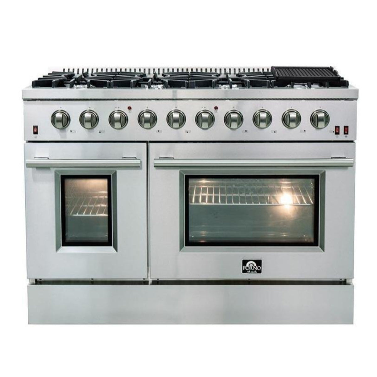 Forno 5-Piece Appliance Package - 48-Inch Gas Range, 60-Inch Pro-Style Refrigerator, Wall Mount Hood, 24-Inch Microwave Drawer, & 3-Rack Dishwasher in Stainless Steel - APD5-6244-48-H-MWD