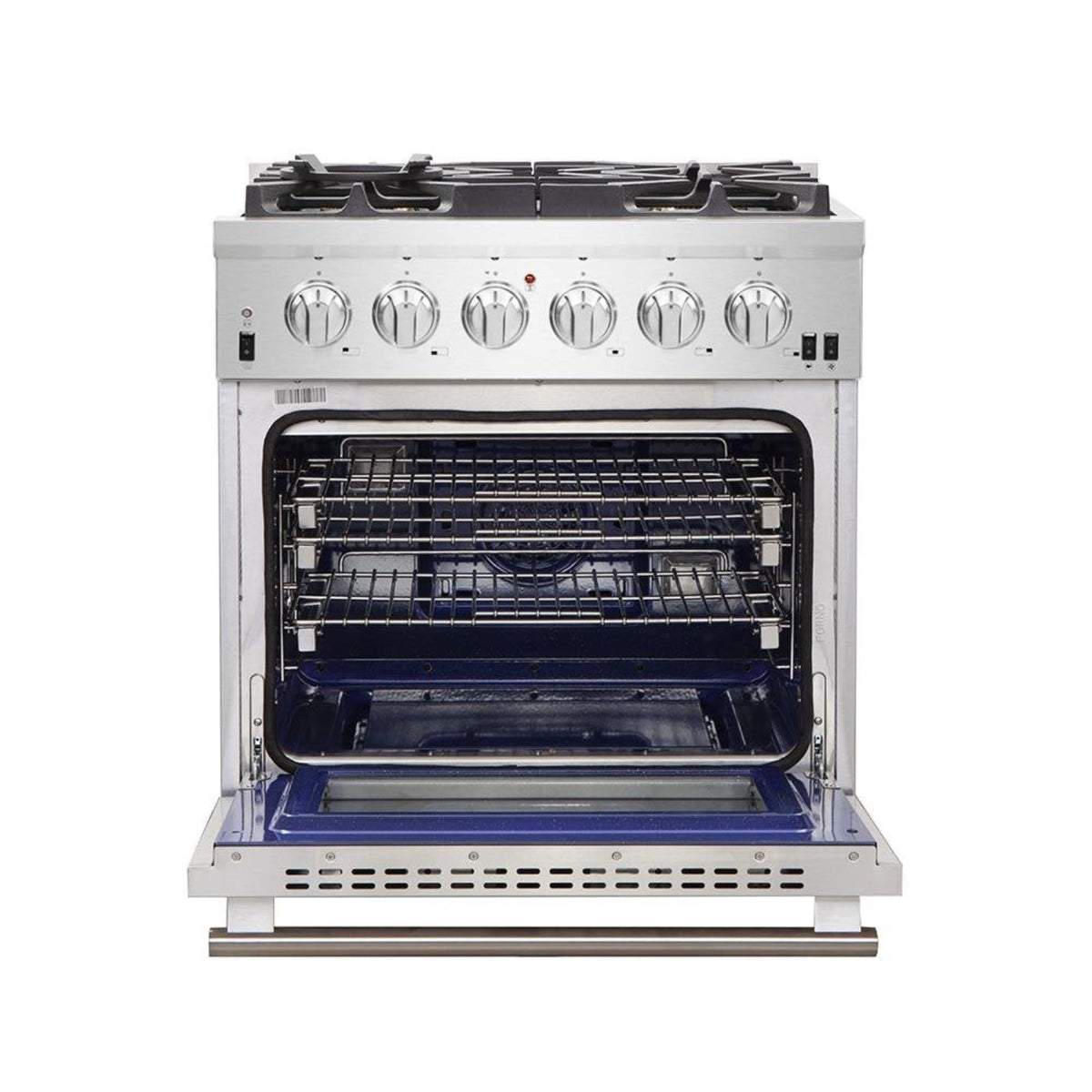 Forno 5-Piece Pro Appliance Package - 30-Inch Gas Range, Refrigerator, Wall Mount Hood with Backsplash, 24-Inch Microwave Drawer, & 3-Rack Dishwasher in Stainless Steel - AP5-6260-30-MWD