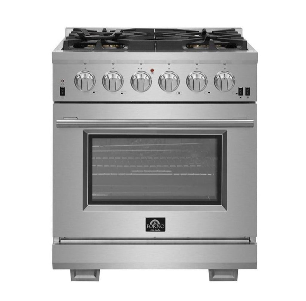 Forno 5-Piece Pro Appliance Package - 30-Inch Gas Range, Refrigerator, Wall Mount Hood with Backsplash, 24-Inch Microwave Drawer, & 3-Rack Dishwasher in Stainless Steel - AP5-6260-30-MWD