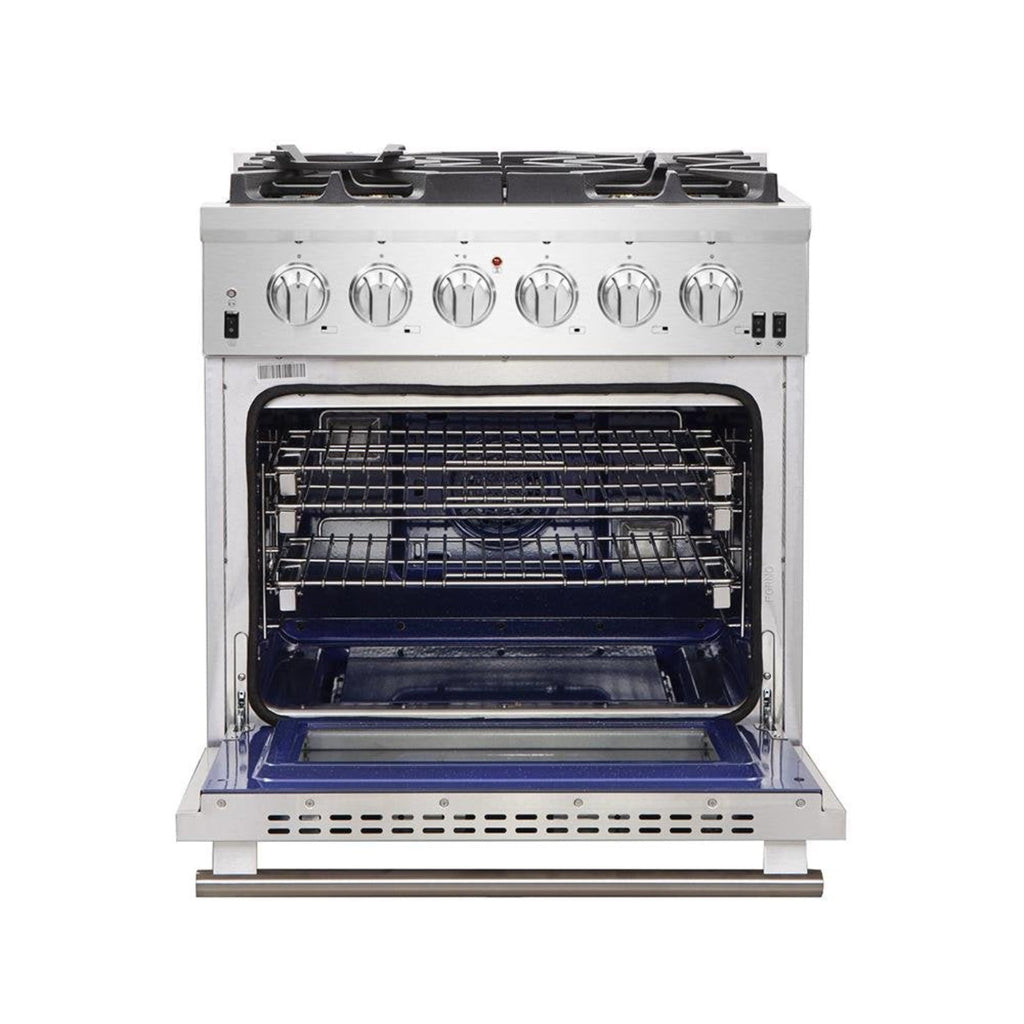 Forno 5-Piece Pro Appliance Package - 30-Inch Gas Range, 36-Inch Refrigerator Wall Mount Hood with Backsplash, 24-Inch Microwave Oven, & 3-Rack Dishwasher in Stainless Steel - AP5-6260-30-MWO