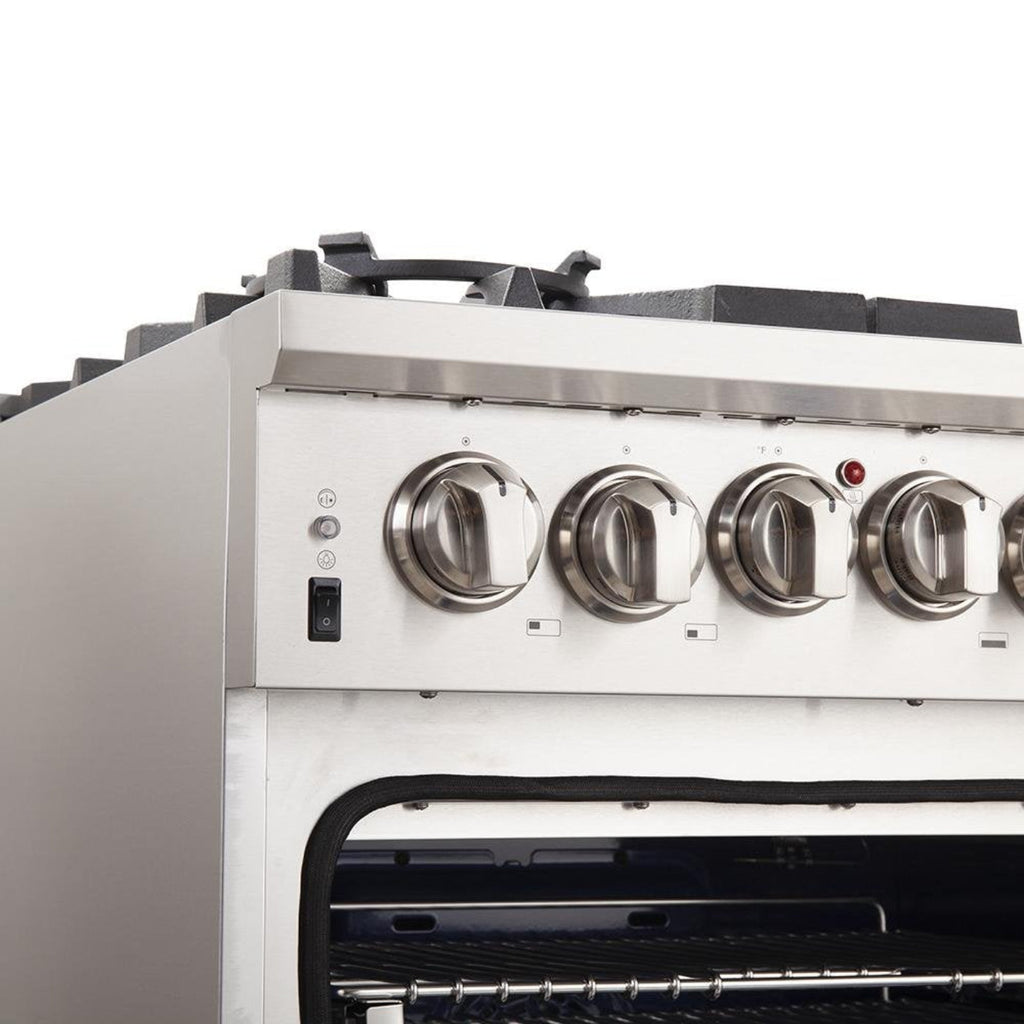 Forno 4-Piece Pro Appliance Package - 30-Inch Gas Range, 36-Inch Refrigerator Wall Mount Hood, & 3-Rack Dishwasher in Stainless Steel - APR4-6260-30-H