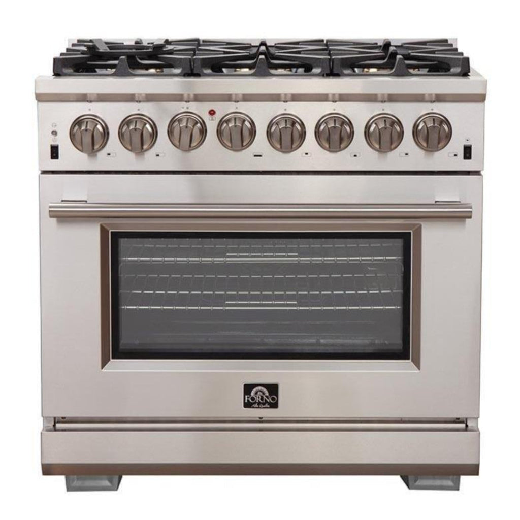 Forno 5-Piece Pro Appliance Package - 36-Inch Dual Fuel Range, 36-Inch Refrigerator, Wall Mount Hood with Backsplash, 24-Inch Microwave Drawer, & 3-Rack Dishwasher in Stainless Steel - AP5-6187-36-MWD