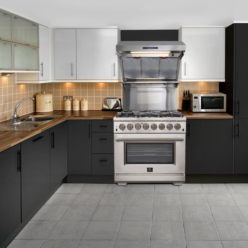 Forno 5-Piece Pro Appliance Package - 36-Inch Dual Fuel Range, Refrigerator, Wall Mount Hood with Backsplash, 24-Inch Microwave Oven, & 3-Rack Dishwasher in Stainless Steel - AP5-6187-36-MWO
