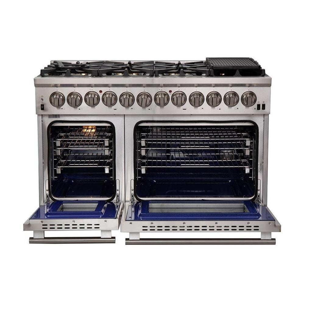Forno 5-Piece Pro Appliance Package - 48-Inch Dual Fuel Range, Refrigerator, Wall Mount Hood with Backsplash, 24-Inch Microwave Drawer, & 3-Rack Dishwasher in Stainless Steel - AP5-6187-48-MWD