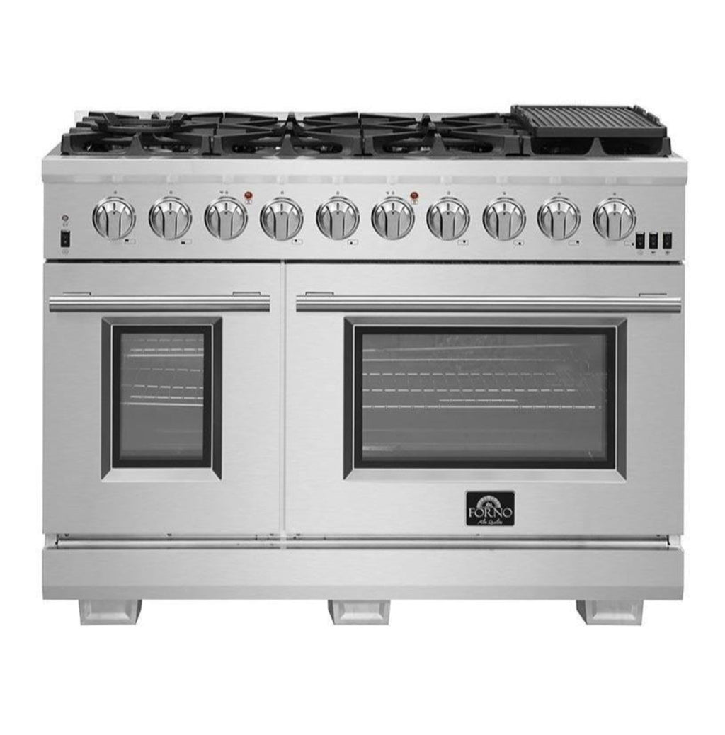 Forno 5-Piece Pro Appliance Package - 48-Inch Gas Range, Refrigerator, Wall Mount Hood, 24-Inch Microwave Drawer, & 3-Rack Dishwasher in Stainless Steel - APR5-6260-48-H-MWD