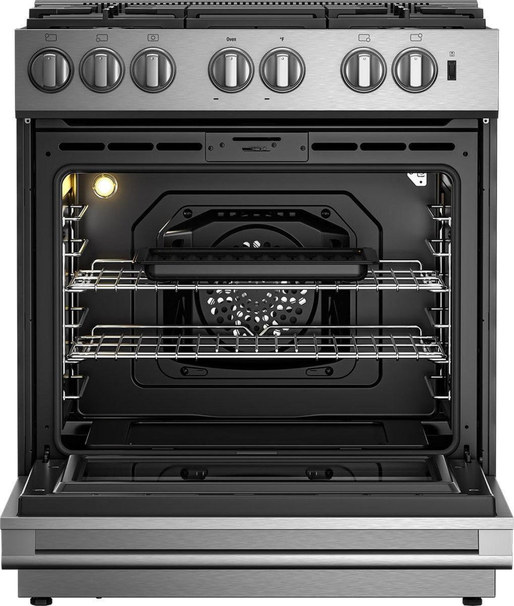 BLOMBERG APPLIANCES BDF30522SS 30in Dual Fuel 5 burner range with 5.7 cu ft self clean oven, slide-in style in Stainless Steel - BDF30522SS