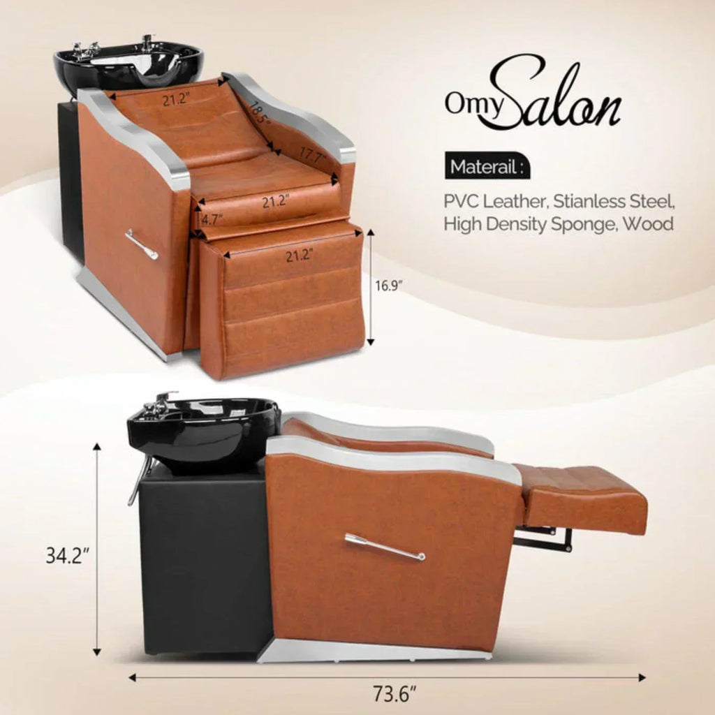 OmySalon BU1501 Salon Shampoo Bowl and Chair Backwash Unit with Ceramic Wash Bowl & Adjustable Footrest -G59000660
