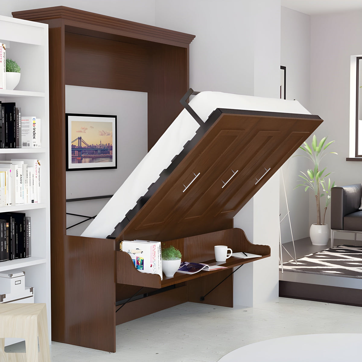 Murphy Bed With Desk & Storage Cabinet, Queen Size, White by Leto Muro