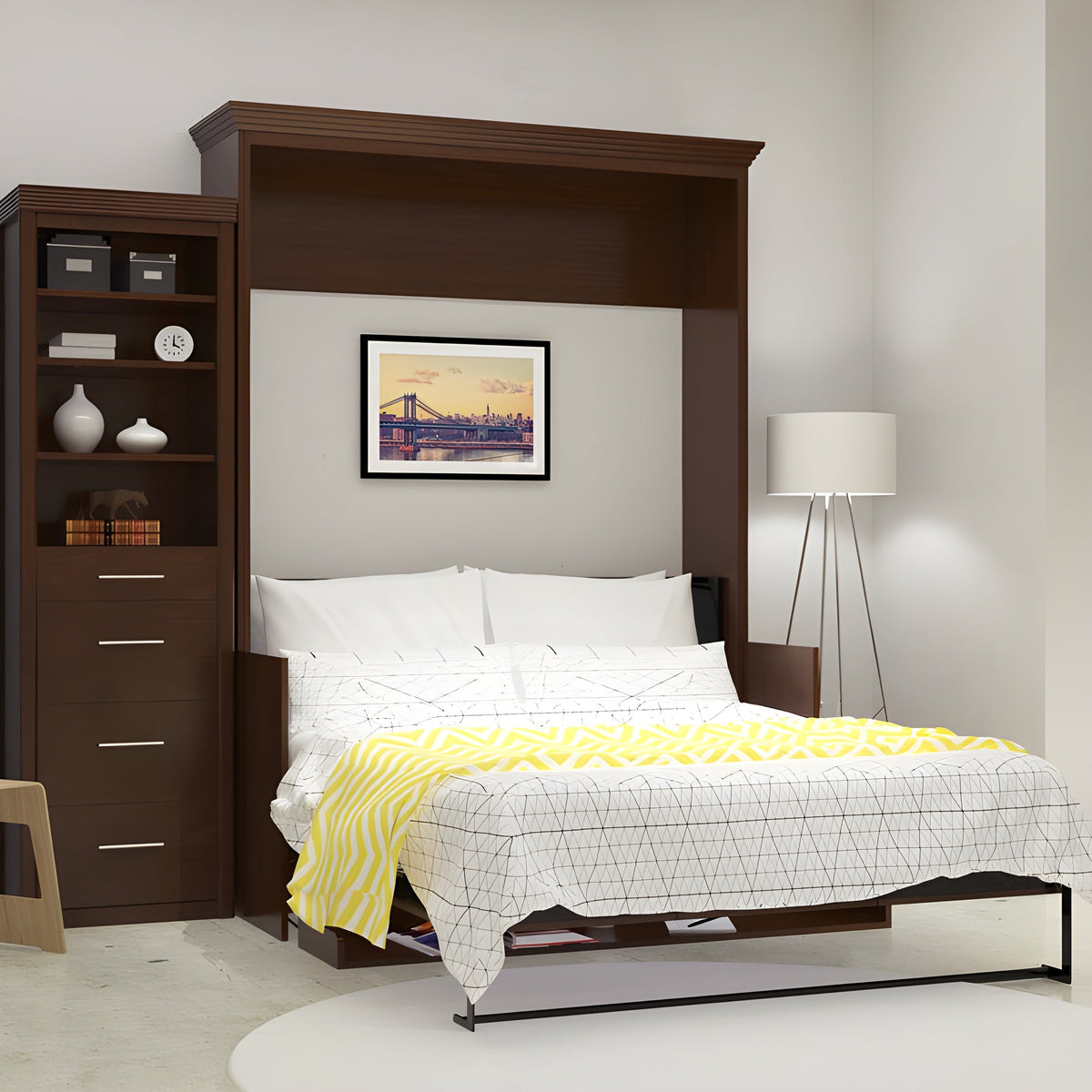Murphy Bed With Desk & 2 Storage Cabinets, Full Size Coventry Walnut by Leto Muro